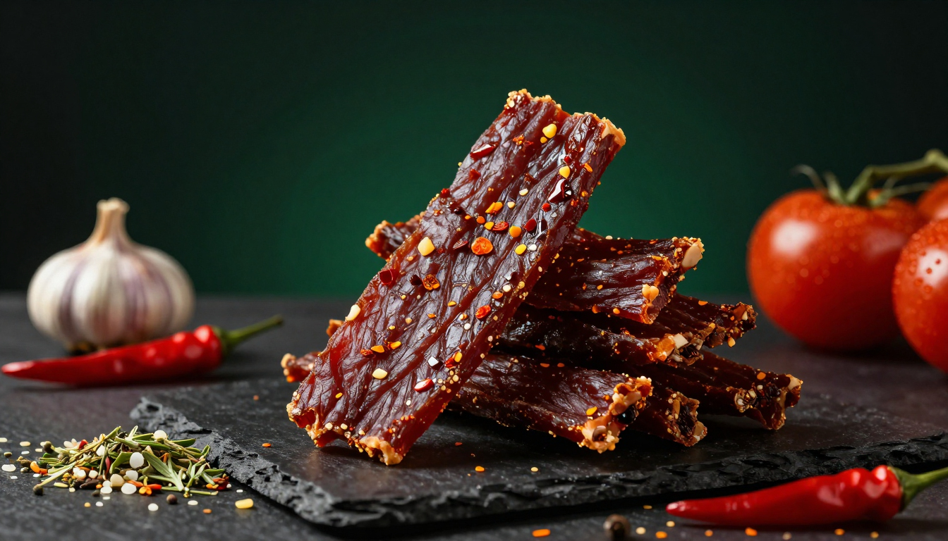 Premium jerky, tomato, chilli and spices visual